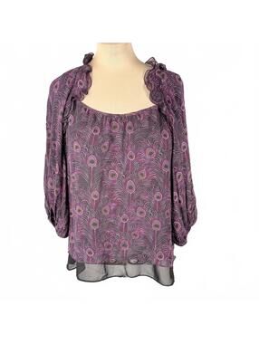 Nanette Lepore Silk Peacock Feather Print Blouse sz 8